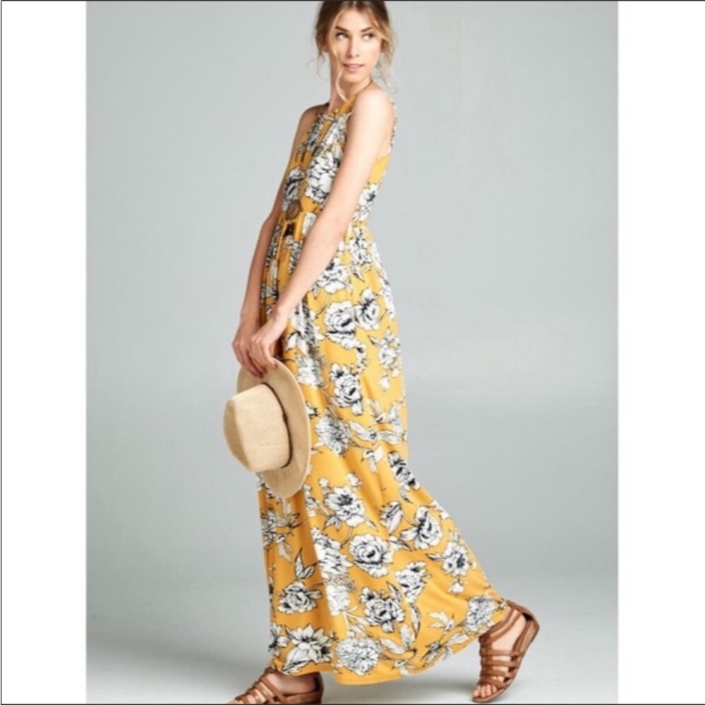 MUSTARD FLORAL PRINT CAMI SPRING MAXI DRESS